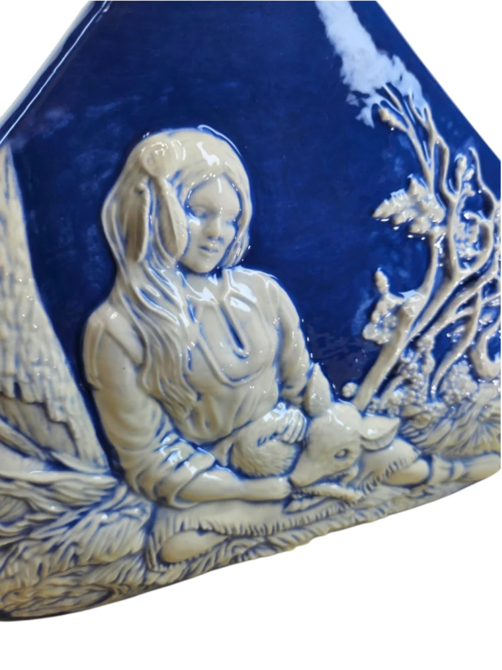 Signed P.W. 1988 Cobalt Blue Art Pottery Relief Vase Maiden & Baby Deer
